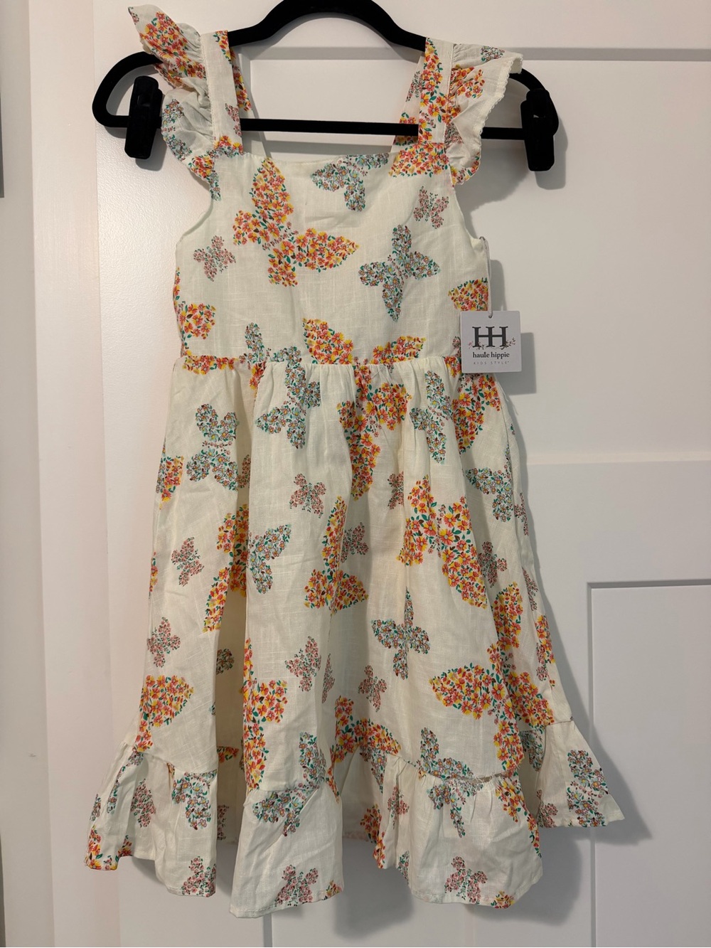 NWT Haute Hippie Cream Dress with Orange & Teal Butterfly Motif and hair clip